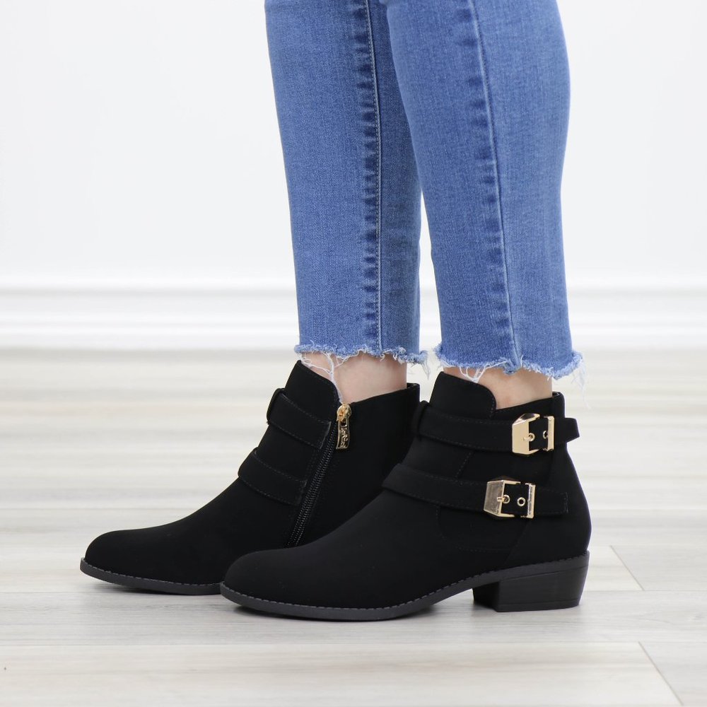 Black Velvet Ankle Boots Gold Buckles Booties - Picture 13 of 13